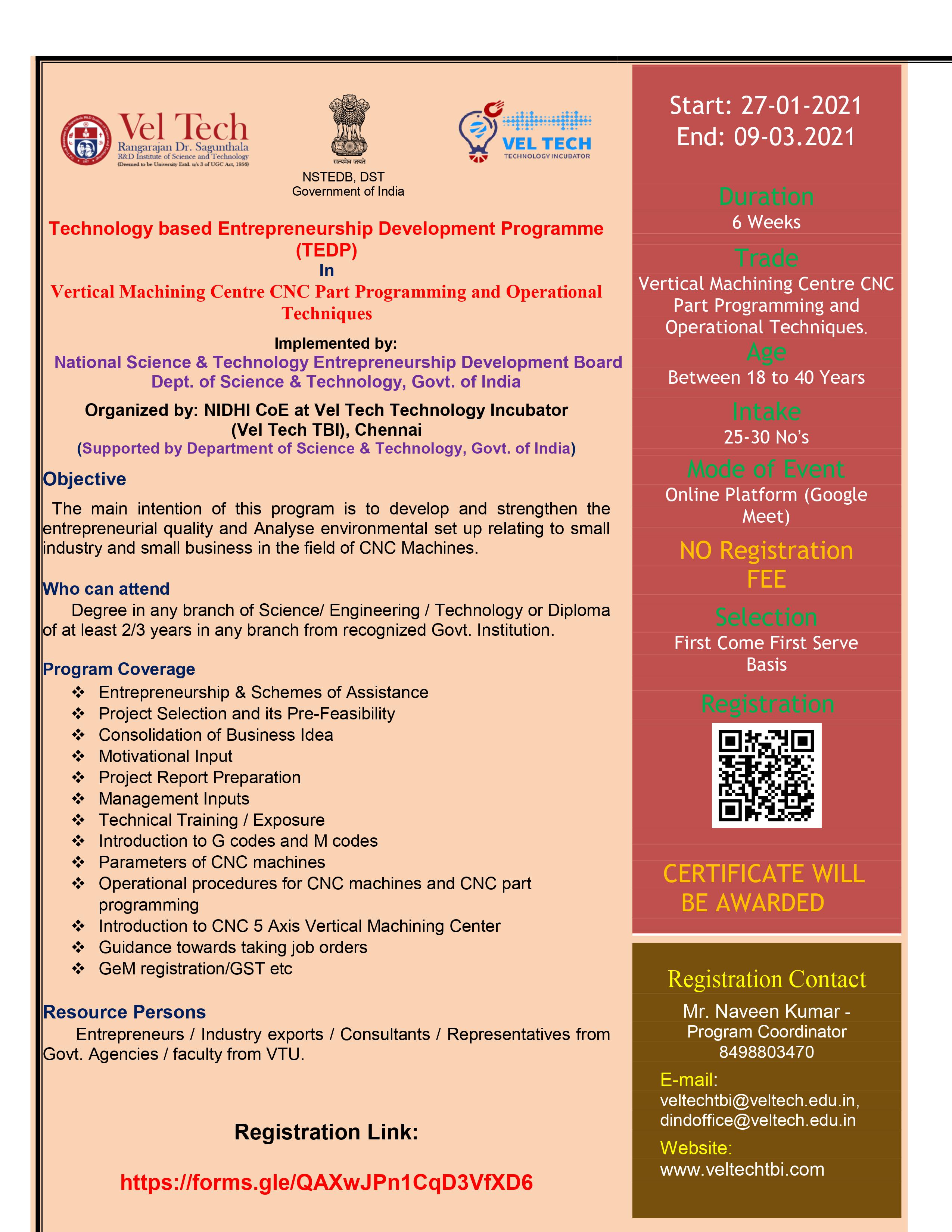 Technology Based Entrepreneurship Development on CNC machines and Part programming 2021